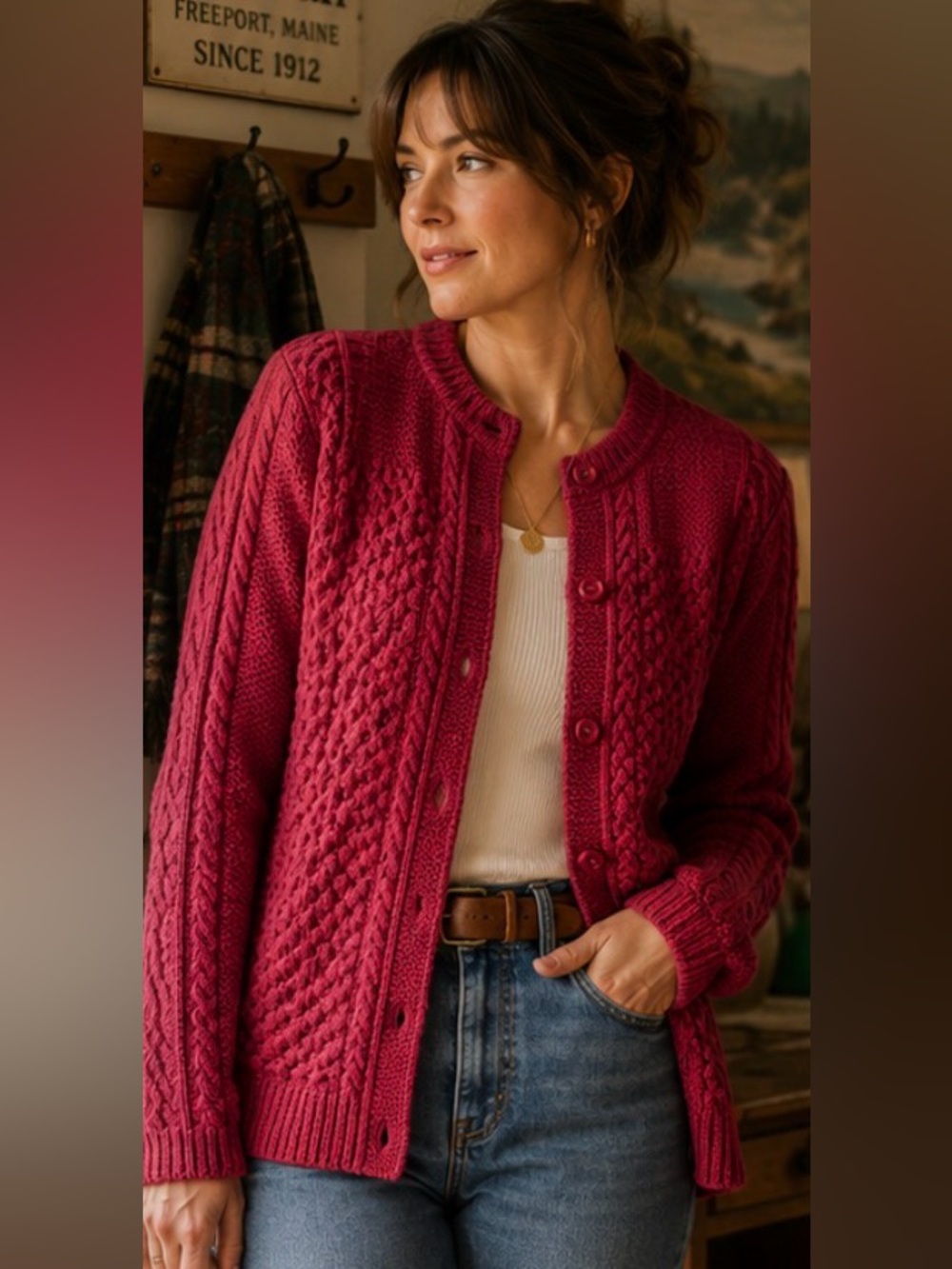 L.L. Bean Cardigan Sweater Chunky Fisherman Knit Size Large Cabincore Coastal
